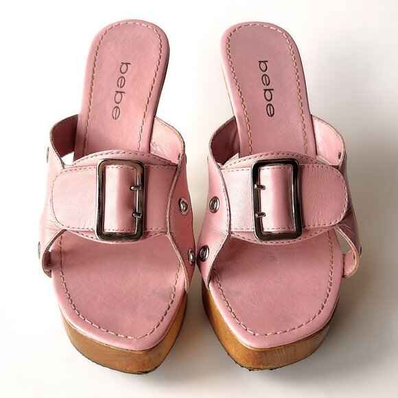 Bebe Galia Pink Leather Platform Sandals Size 6 Wood Base with Steel Heel 16350 - Picture 3 of 10